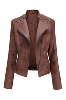 Slim fit leather motorcycle jacket in brown with zipper closure and detailed shoulder design