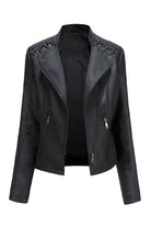 Black slim fit leather motorcycle jacket with side zipper and textured details