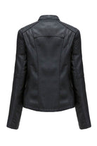 Back view of slim fit leather motorcycle jacket in black with quilted shoulder details