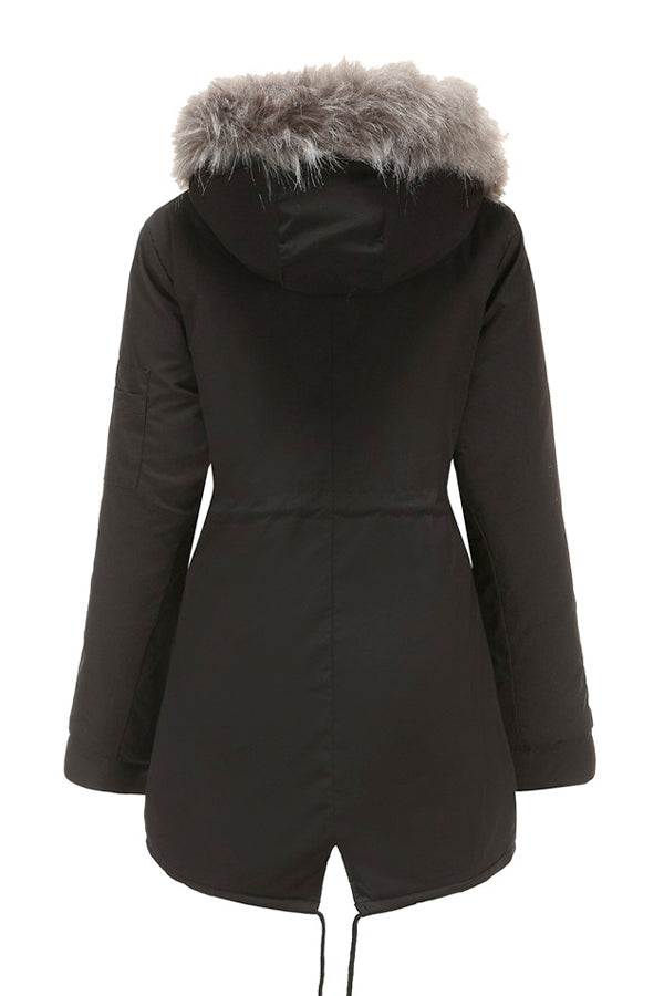 Women's black Fur Collar Fleece Coat with hood and adjustable hem, back view
