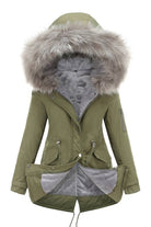 Olive green Fur Collar Fleece Coat with hood and adjustable hem, featuring soft gray fleece interior and faux fur trim.