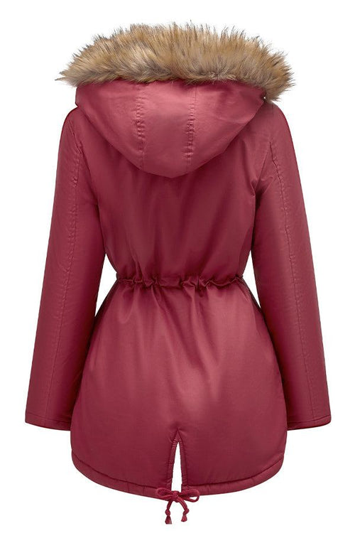 Large hooded velvet coat in red with fur-trimmed hood and adjustable waist cinch, warm and stylish design