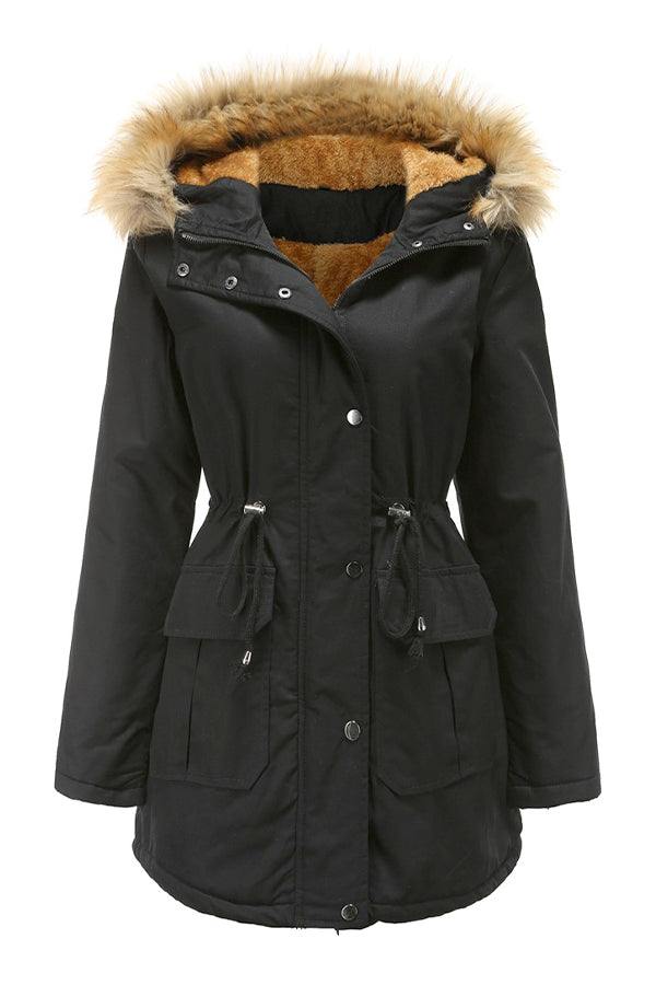 Black large hooded velvet coat with faux fur trim, adjustable zipper, and warm cotton velvet material.