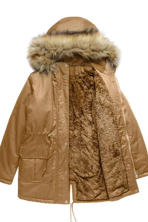 Large hooded velvet coat with fur trim, warm cotton velvet lining, and multiple pockets for comfort and style.