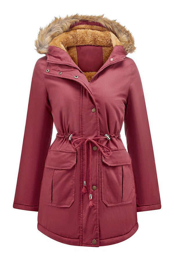 Large hooded velvet coat in burgundy with faux fur trim and adjustable waist cinch