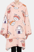 Snuggly oversized hooded fleece sweater with cute sushi print, extra warm and soft, featuring a hood and large front pocket.
