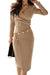 Stylish button pencil dress beige v-neck asymmetrical waist with long sleeves and gold buttons