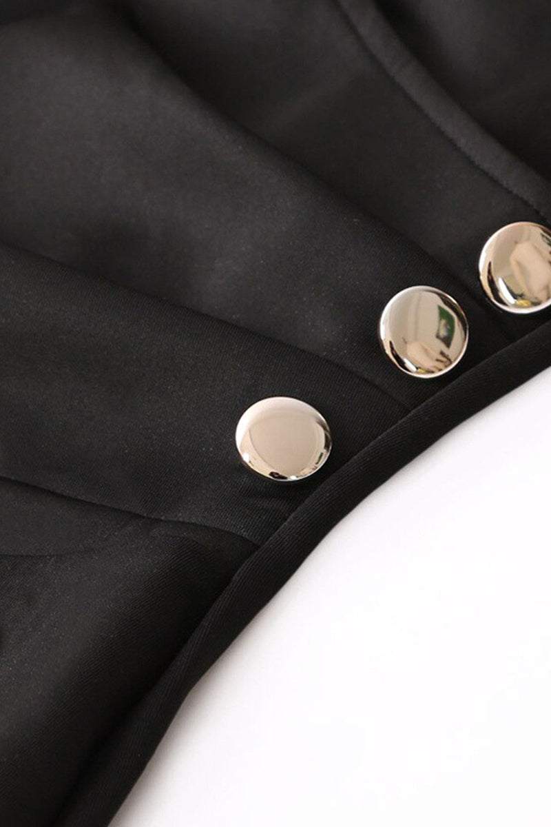 Close-up of stylish button pencil dress with gold buttons on black fabric