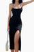 Elegant black side slit midi dress with thin straps and flattering silhouette for formal and semi-formal events