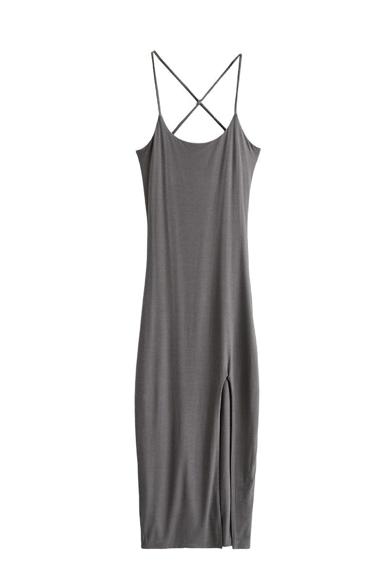Gray elegant side slit midi dress with suspender straps and flattering silhouette