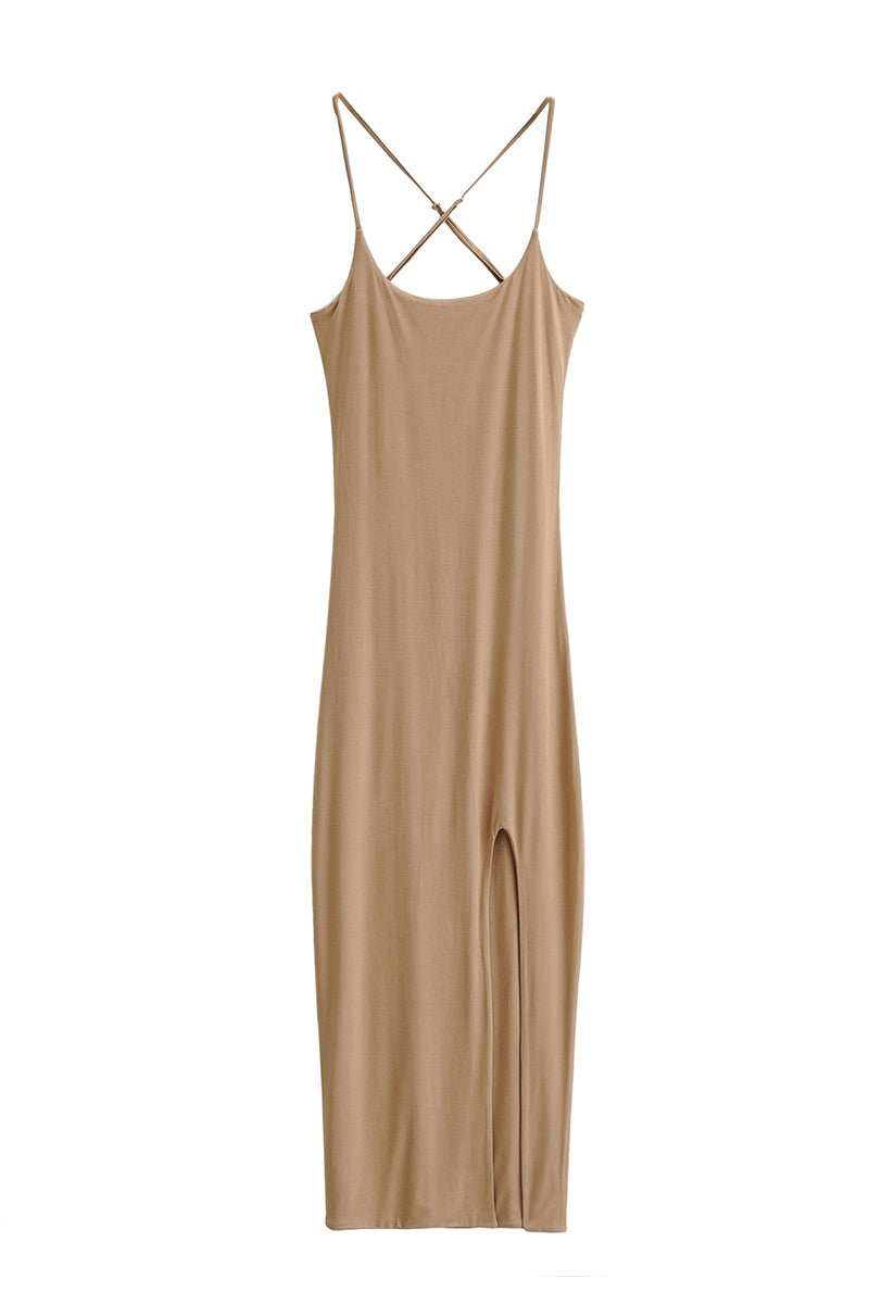 Elegant side slit midi dress in beige with crisscross straps and flattering silhouette for formal events