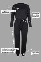 Cozy Chic Two-Piece Sweatsuit set with long sleeve crewneck top and adjustable drawstring waistband pants in black