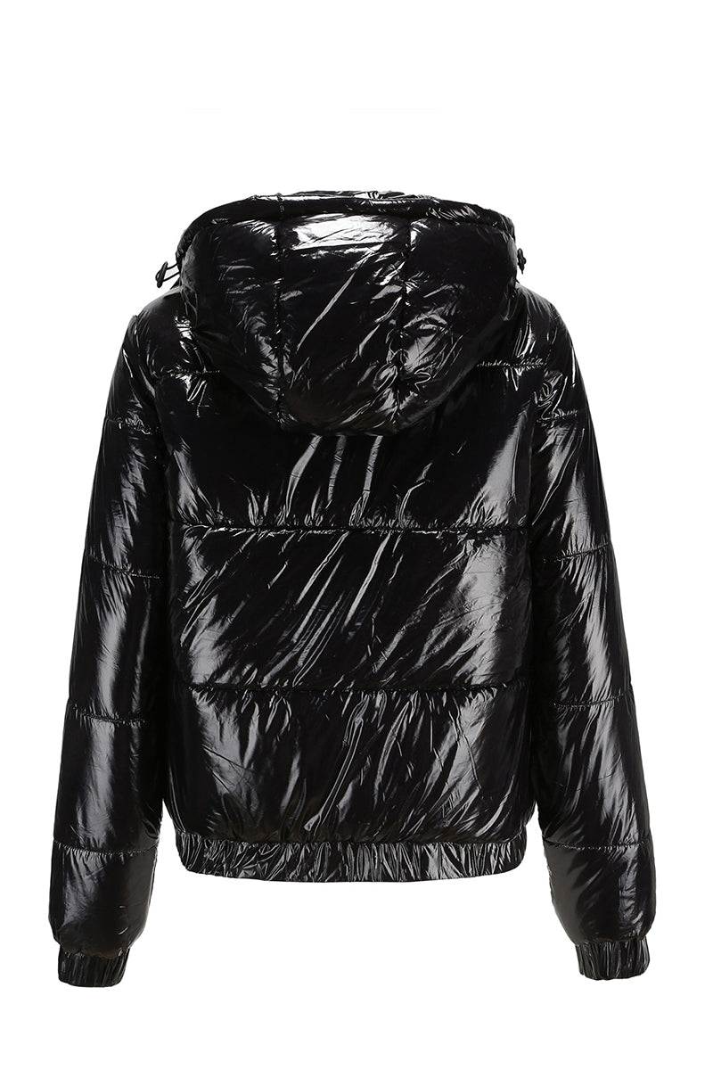 Black reflective anti-splash puffer jacket with hood and slim fit design