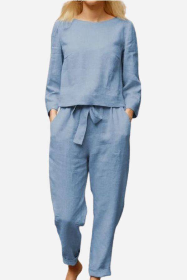 Retro Monochrome Linen two-piece set in breathable blue linen fabric with long sleeves and matching pants