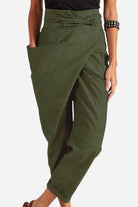 Olive green high-waist wrapped pants with loose fit and side pocket for comfortable casual wear