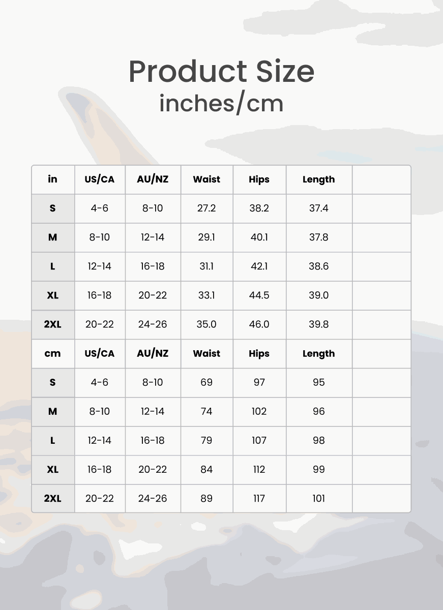 Size chart for High-Waist Wrapped Pants showing waist, hips, and length measurements in inches and cm for sizes S to 2XL