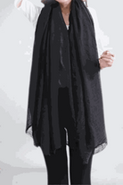 Black linen Color-POP scarf worn over white top, lightweight and warm eco-friendly accessory