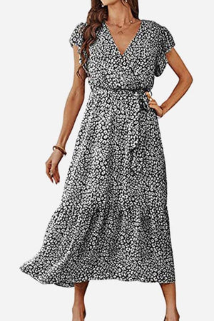 Elegant Blossoms Boho Maxi Dress with floral wrap V-neck and belted ruffle hem in lightweight polyester