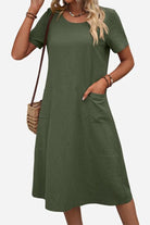 Radiant Escape Panelled Beach Dress in olive green polyester with A-line skirt and short sleeves