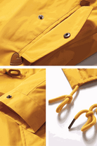 Close-up details of Versatile Chic Two-Piece Windbreaker Set in yellow showing buttons, adjustable cuffs, and drawstring features