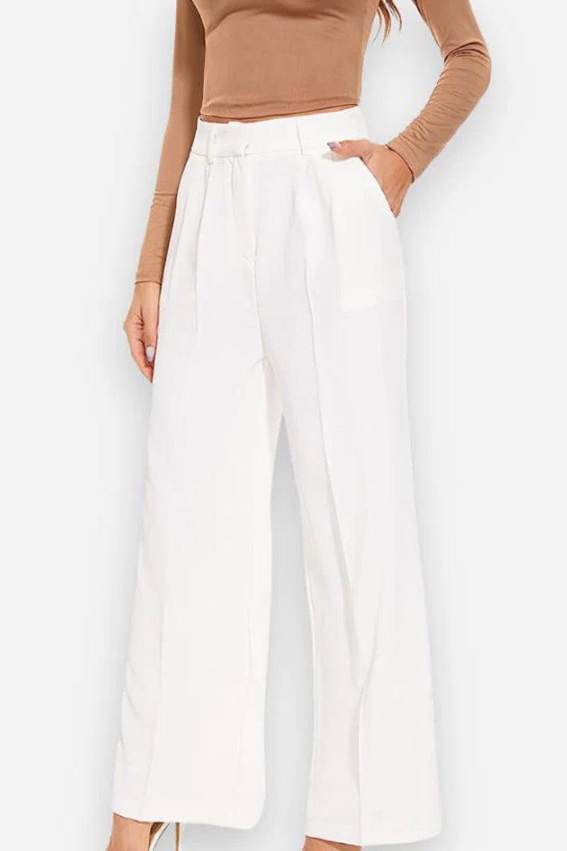 White Classically Vogue Business Trousers with high waist and tailored slim fit design worn with a brown long-sleeve top