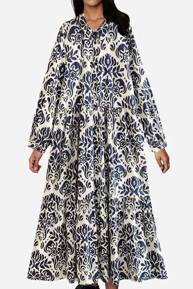 Blue floral lantern sleeves midi dress with loose fit and button-up front design