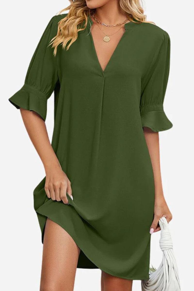 Dainty Charm Casual Ruffle Dress in olive green with ruffled V-neck and sleeves, breathable polyester, flattering loose fit for versatile occasions