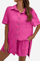 Bright pink Sunny Day Vibrance two-piece summer set with short sleeves and matching shorts