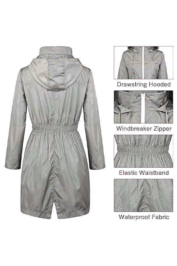 Back view of gray outdoor and travel hooded raincoat with drawstring hood, windbreaker zipper, elastic waistband, and waterproof fabric details