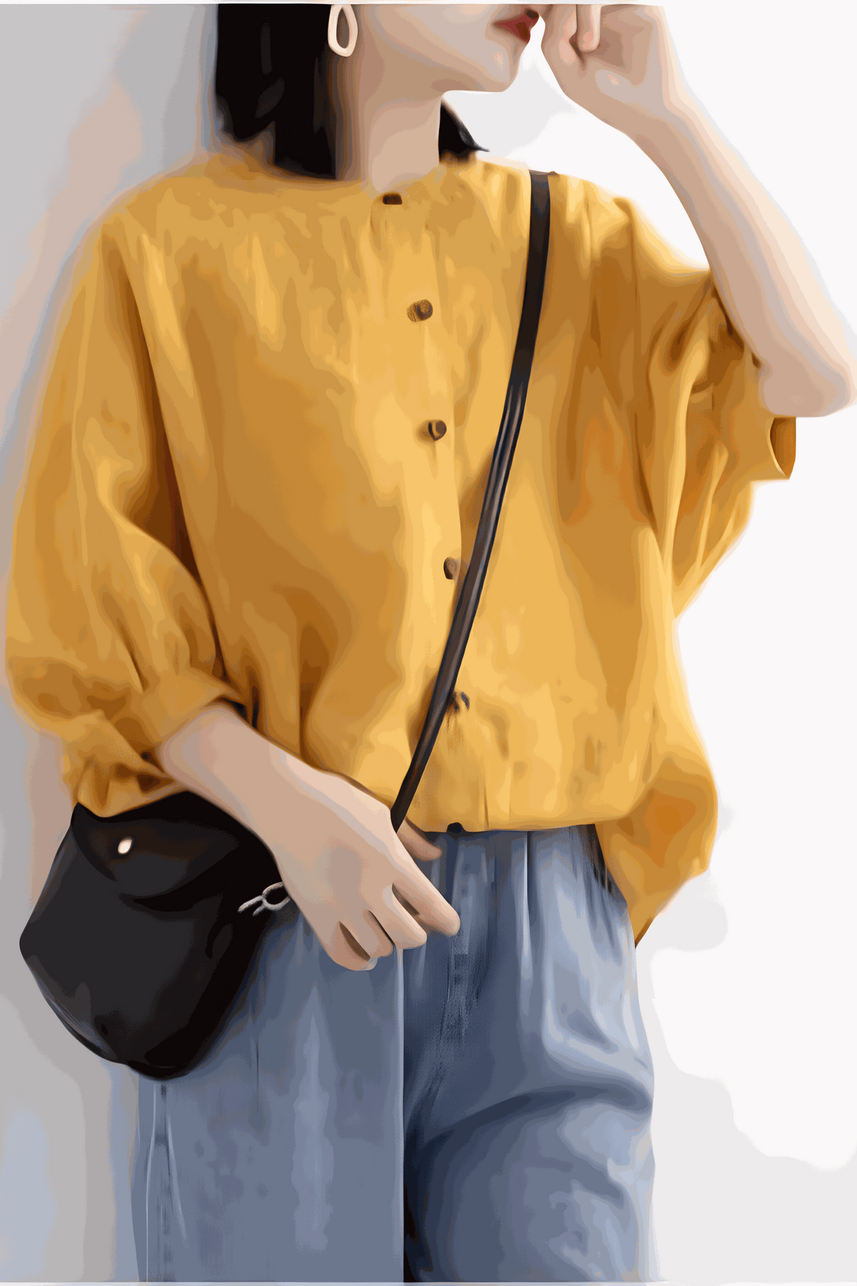 Relaxed loose breathable linen blouse in mustard yellow with button-down front and 3/4 sleeves