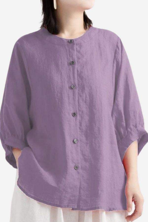 Relaxed loose breathable linen blouse in purple with button-down front and 3/4 sleeves