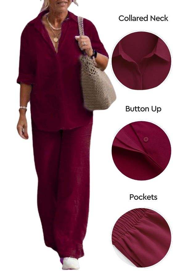 Woman wearing burgundy relaxed shirt and trousers two-piece set with collared neck, button-up shirt, and pockets
