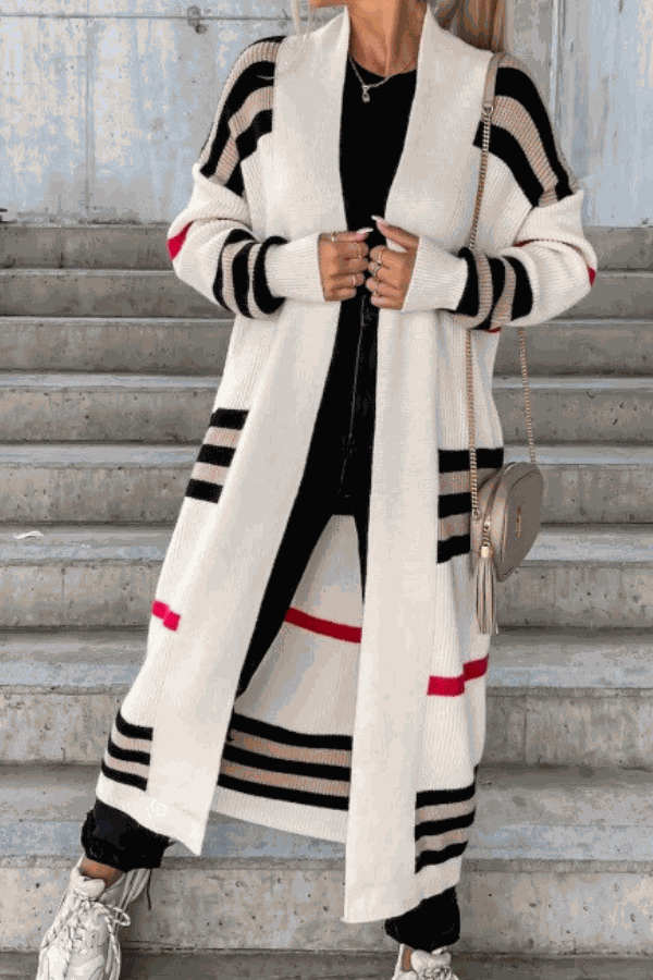 Cozy striped long knitted cardigan with oversized fit and comfortable fabric