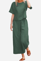 women's loose fit co-ord set with soft-tailored top and wide-leg bottoms in green