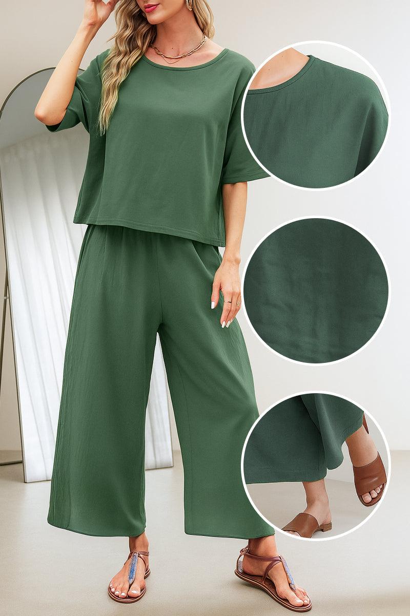 Green loose fit co-ord set with relaxed short-sleeve top and wide-leg pants for casual comfort