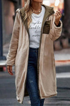 Women's Sherpa-lined hooded teddy coat with olive green puffer chest detail and cozy plush fabric