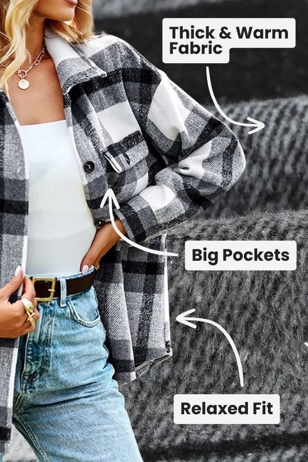 woman wearing comfy flannel classic button-down shirt with black and white check pattern, thick warm fabric, big pockets, and relaxed fit