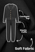 Two-piece knitwear set featuring a soft fabric cardigan top and elastic cuff pants in black