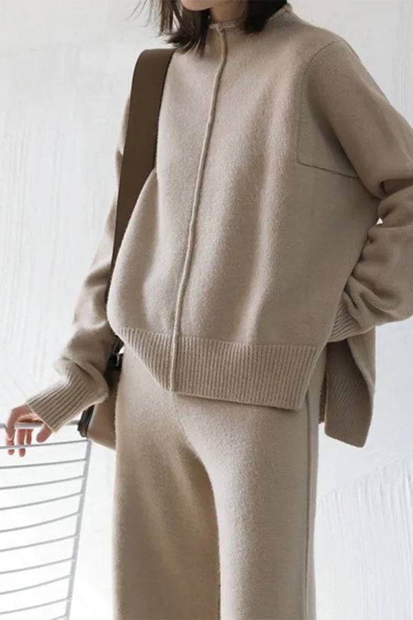 Beige high neck sweater and wide leg pant set with ribbed cuffs and hem, cozy premium fabric.