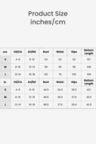 size chart for Plush & Preppy Camel Two-Piece Set showing measurements in inches and cm for bust, waist, hips, and bottom length in sizes S, M, L