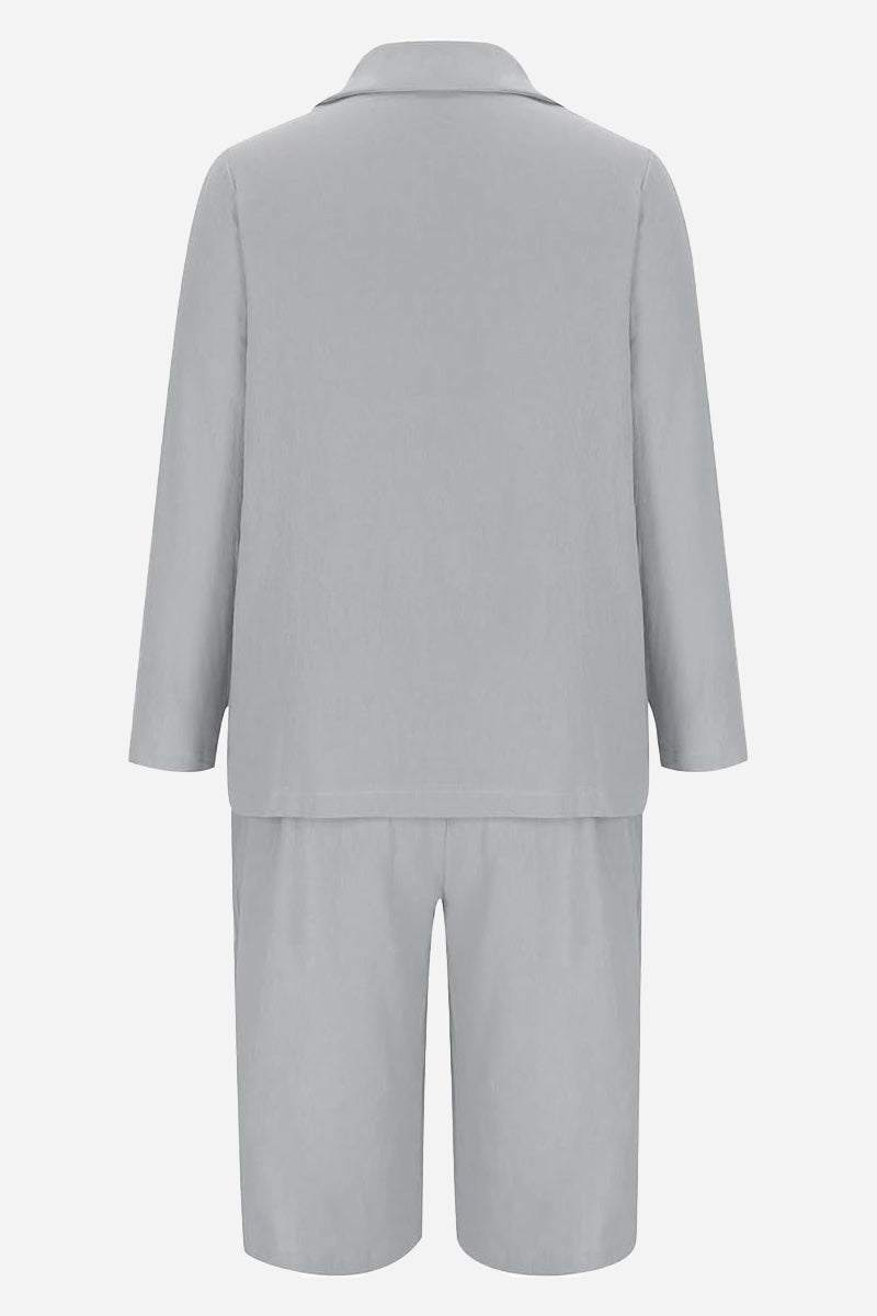 Gray blazer and high-waisted shorts two-piece set back view