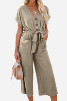 Women's V-neck lace-up pocket jumpsuit with tie belt in khaki color