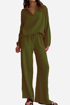 Olive green 100% cotton collared two-piece set with bishop sleeves and loose fit trousers
