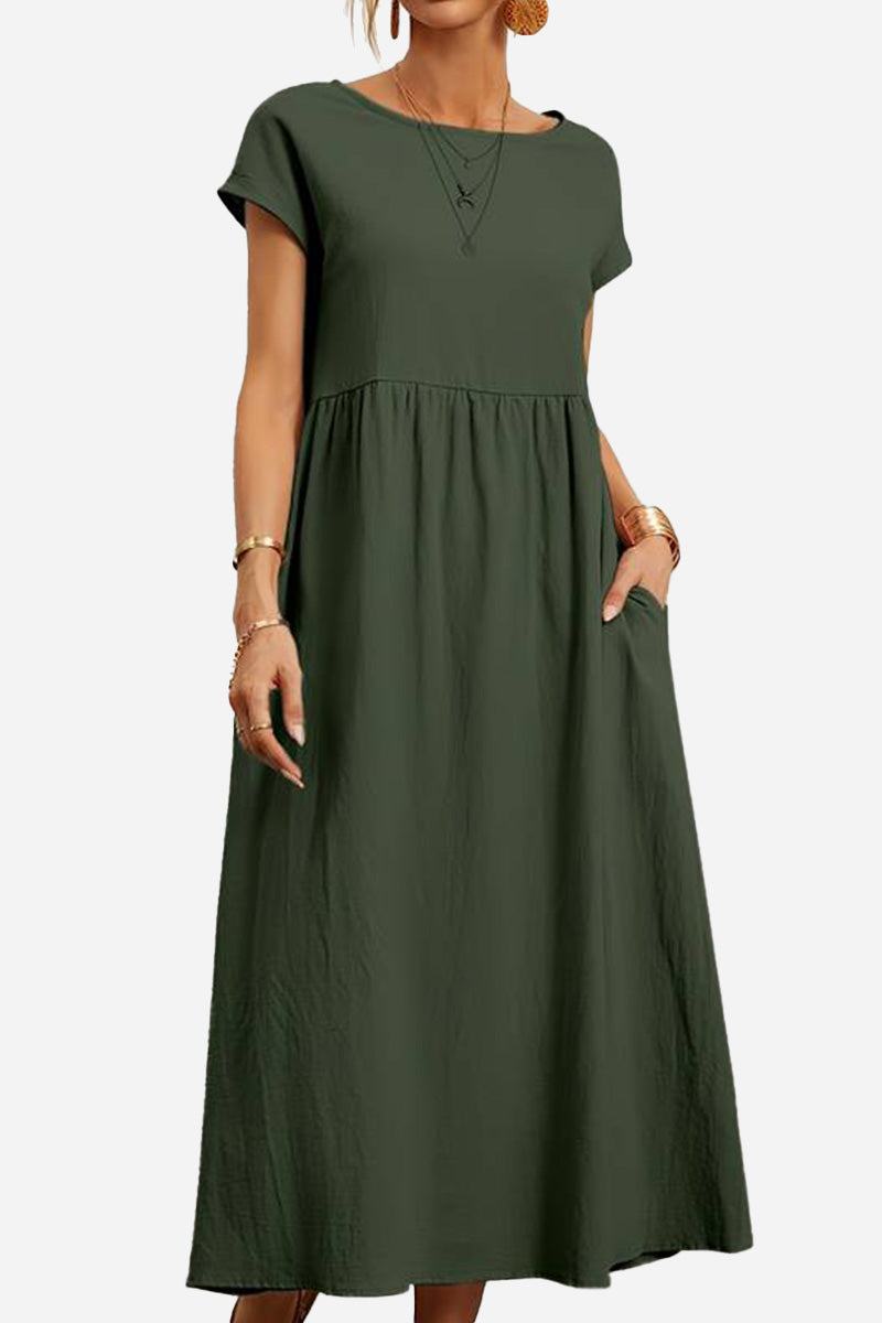 Capped-sleeve voluminous pleated midi dress in olive green with pockets and loose sleeves
