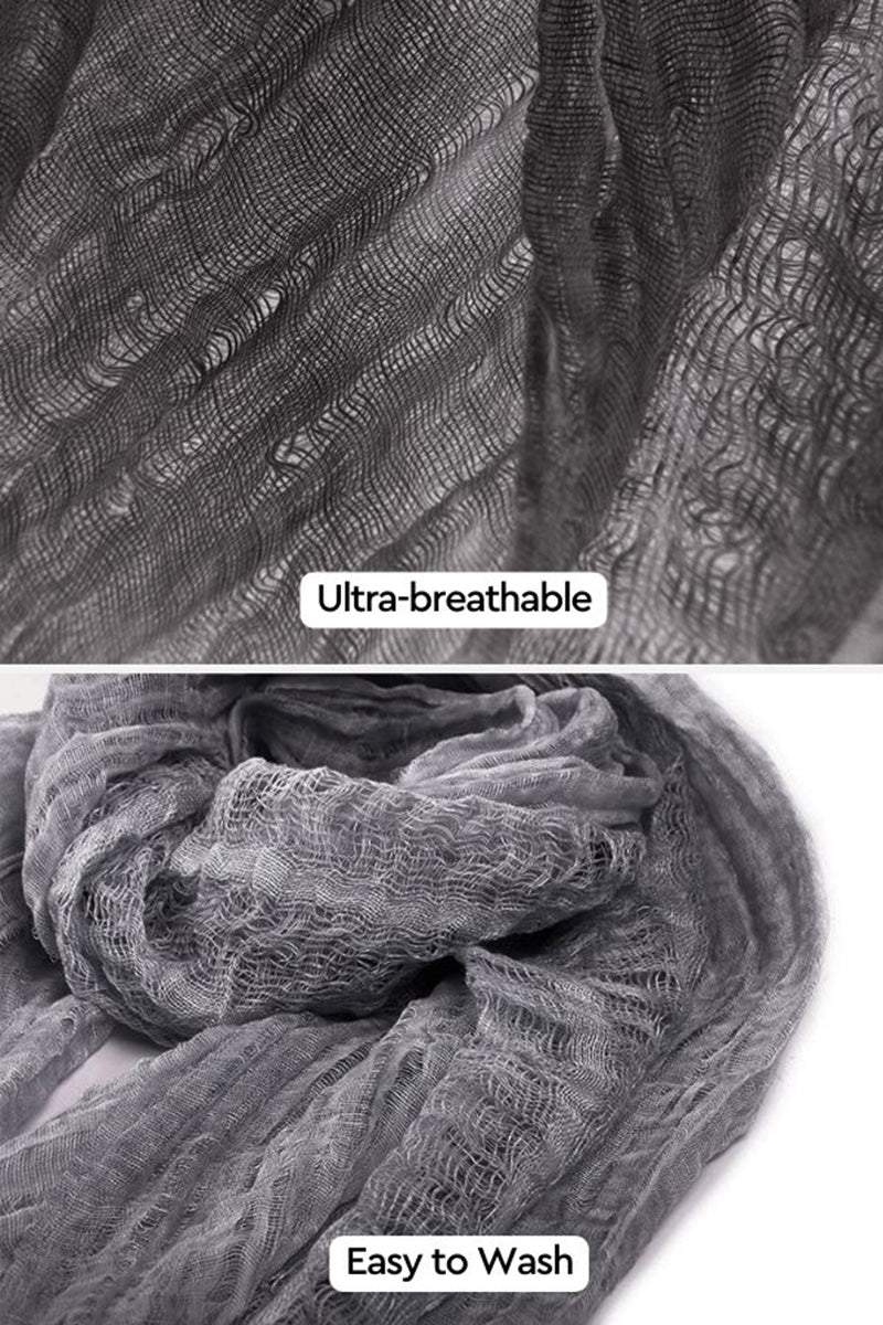 Close-up of ultra-breathable, lightweight linen scarf fabric showing texture and weave, emphasizing easy-to-wash material.