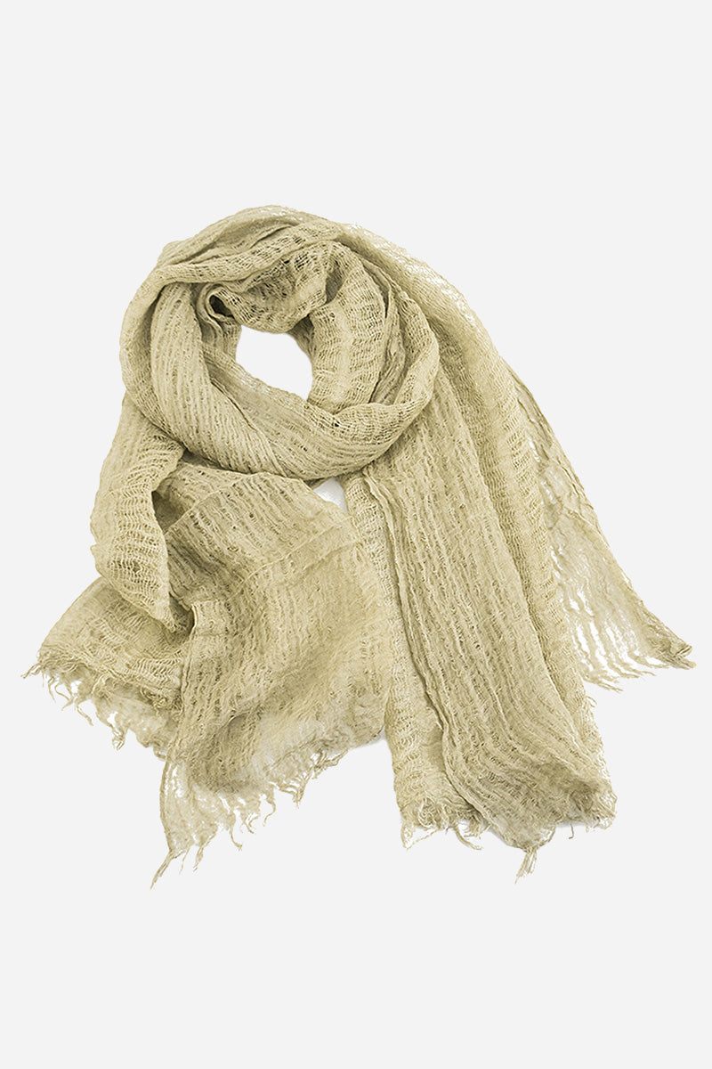 Lightweight beige linen scarf with frayed edges, breathable and versatile accessory