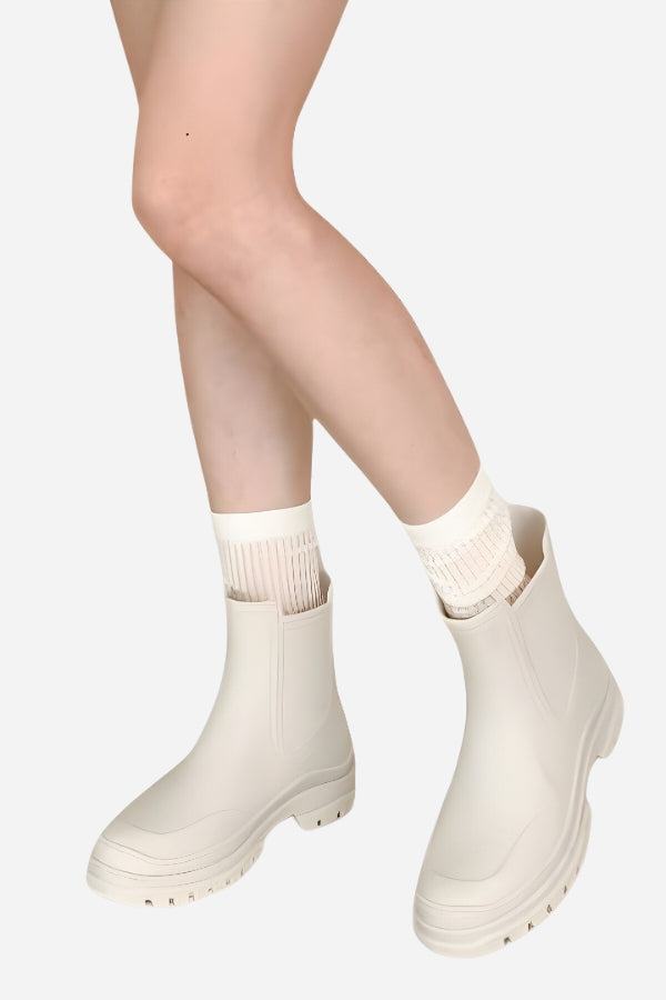 White non-slip rain boots worn with white socks on feet