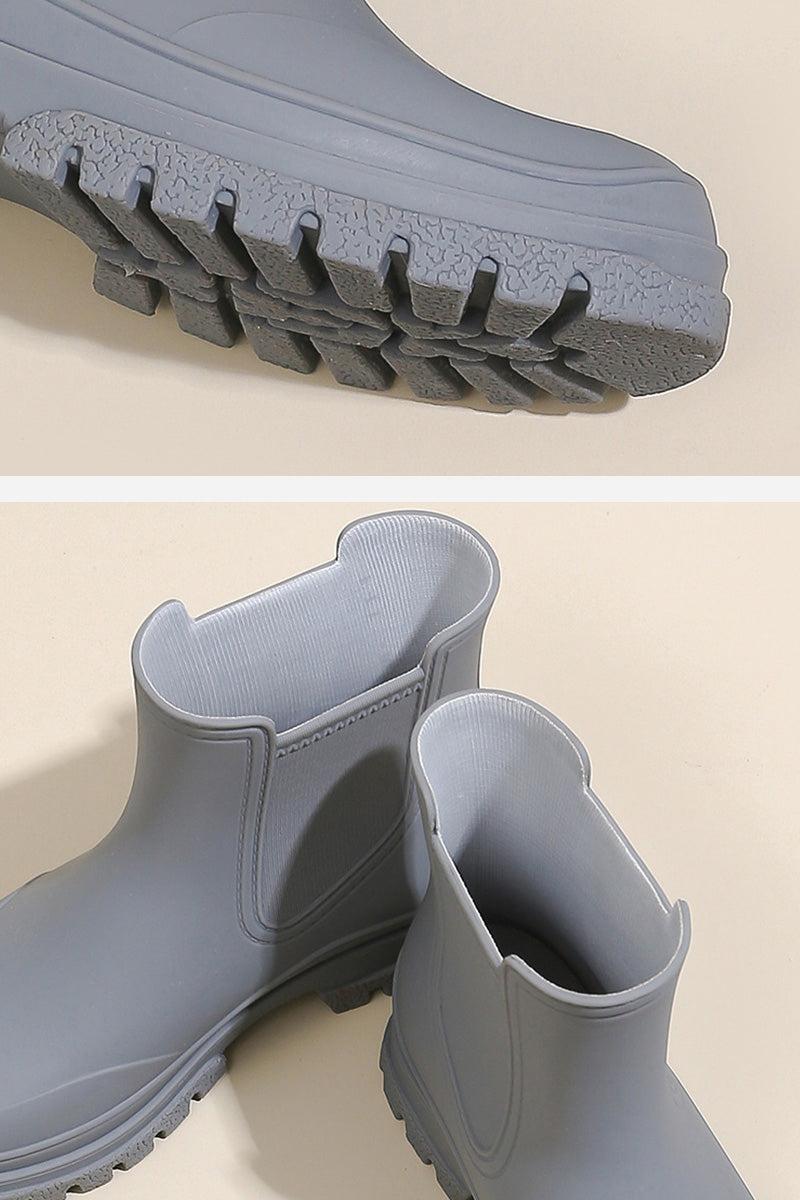 Close-up of grey non-slip rain boots showing waterproof design and SuperGrip soles