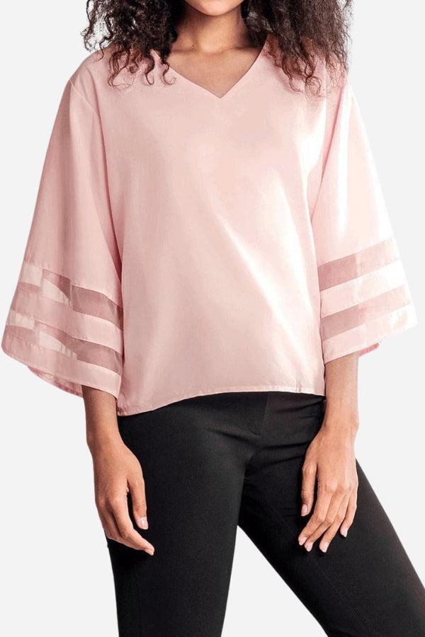 Pink mesh panel sleeve loose fit top with V neckline and 3/4 bell sleeves
