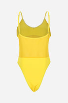 yellow mesh tan-through one piece swimsuit with adjustable straps and sleek design